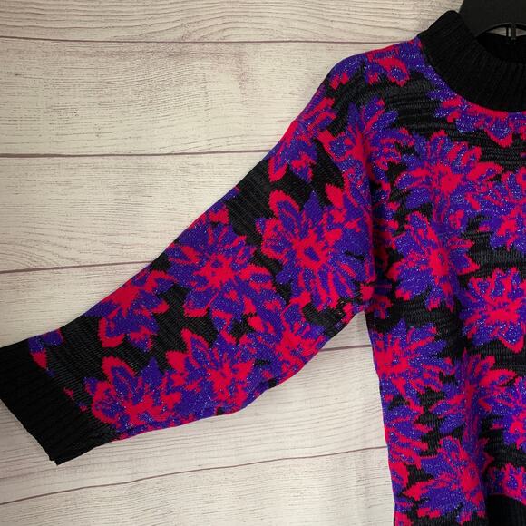 Vintage Floral Sweater Mock Turtleneck 80s 90s Neon Pink Purple Glitter Retro - Picture 12 of 15